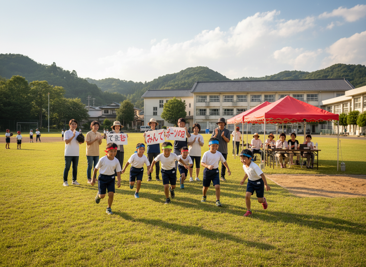 屋外での地域のスポーツ活動を楽しむ子どもや住民
