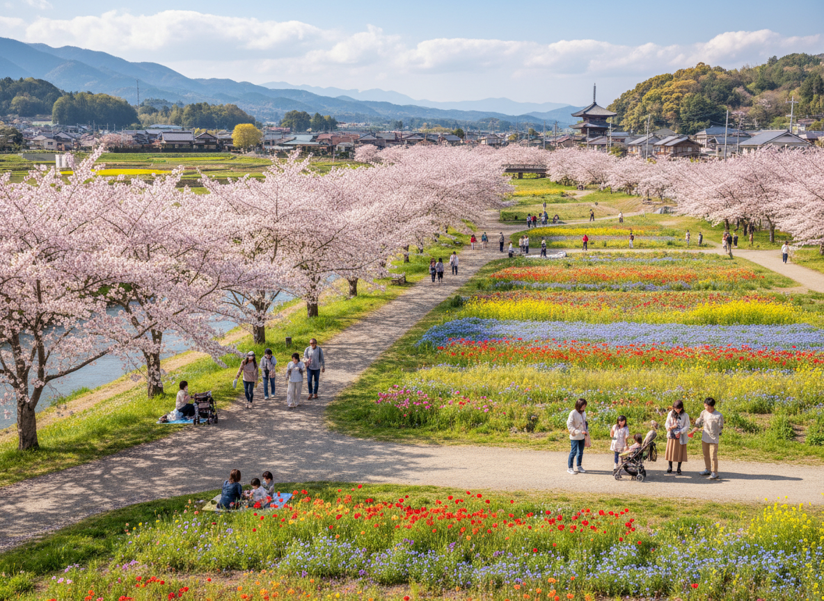 桜が咲く春の公園を散策する家族連れ