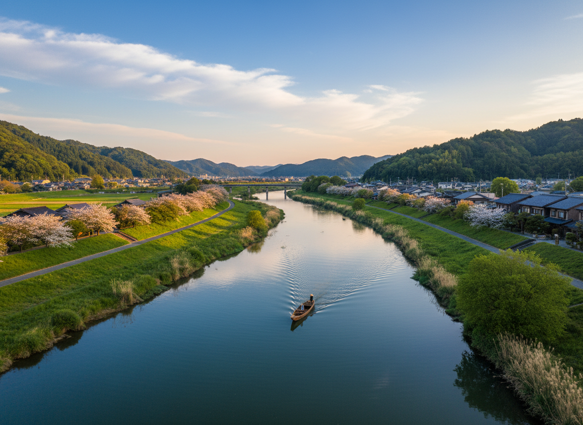 海津市の木曽川沿いの風景