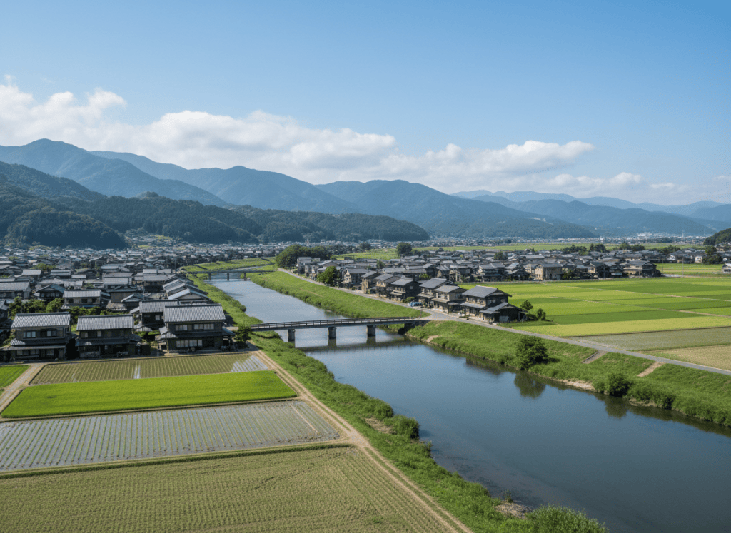 Wide panoramic landscape of a peaceful Japanese rural riverside town, gentle Nagara river flowing, low mountains in the distance, blue sky with soft clouds, rice fields and traditional houses of Hashima and Kaizu area Gifu prefecture, bright natural daylight, calm and welcoming atmosphere